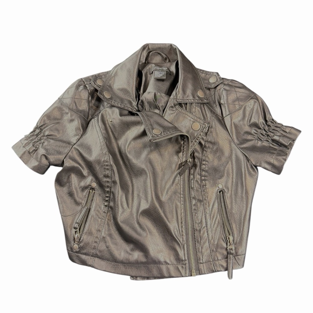 Paper Tee Womens Metallic Bronze Faux Leather Short Sleeve Moto Jacket Medium